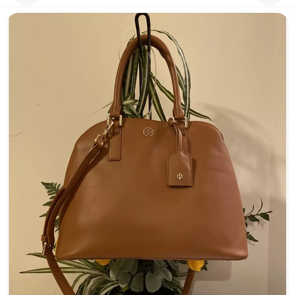 Authentic Tory Burch Robinson Tote Open Dome Satchel Bag cognac color, large
